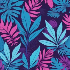 Modern Summer Bold Leaves Silhouette Fashion Tropical Blue and Purple Leaves Vector Abstract Background. Beach Party Festive Palm Magic Backdrop Banner Colorful Design for Celebration
