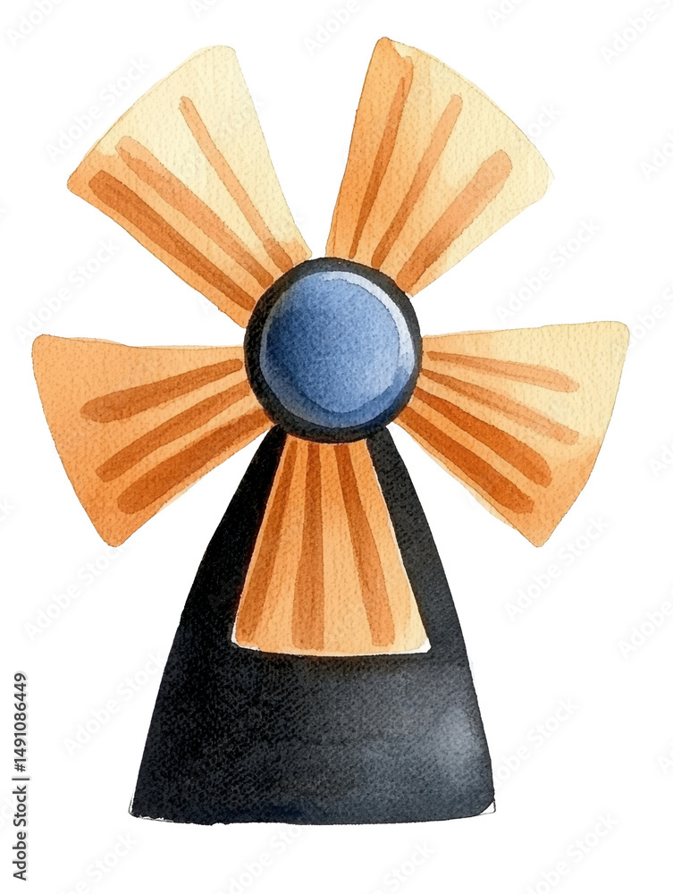 Poster watercolor painting of an abstract cross with orange and blue elements. the cross has a dark gray ba