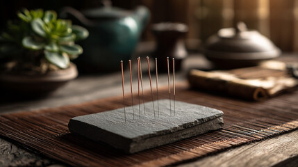 Several acupuncture needles on a dark gray stone, resting on a bamboo mat.  Image evokes serenity and traditional medicine
