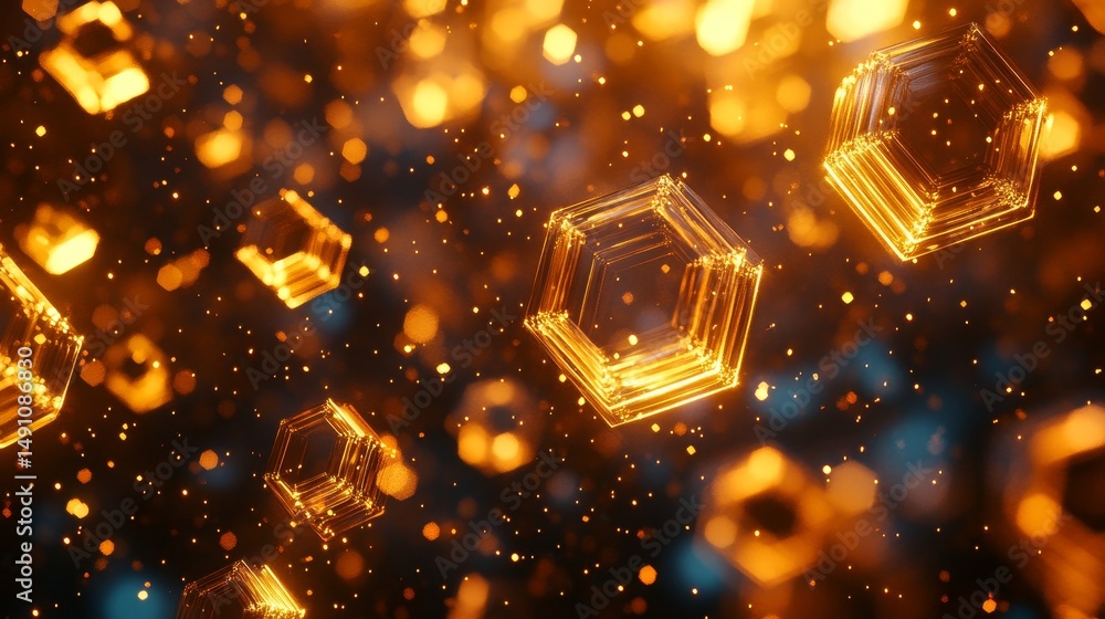 Poster abstract digital artwork of glowing hexagonal shapes.
