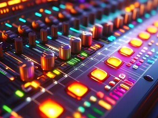 Fototapeta premium A close-up view of a colorful and modern sound mixing console with various buttons, knobs, and sliders illuminated by vibrant neon-like lights.