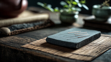 Dark gray stone slab holds acupuncture needles on bamboo mat, suggesting tranquility and traditional medicine practice