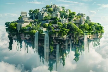 Lush floating island city in clouds