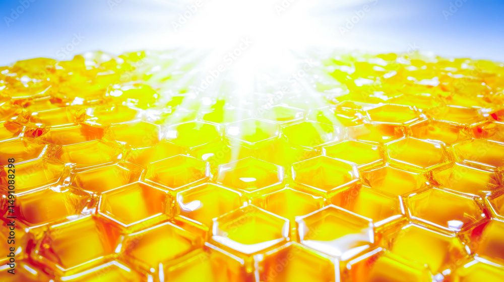 Aufkleber close up of honeycomb texture reflecting golden light on a neutral background