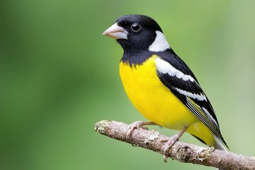 Obraz premium Grosbeak perches on a branch while observing its surroundings in a lush green environment, grosbeak on a branch looks around