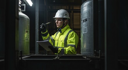 Industrial inspector analyzes data near tanks in factory facility checking readings details
