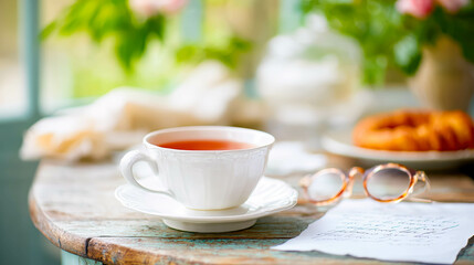 Herbal Tea, Glasses, and a Handwritten Letter on a Wooden Table With Soft Natural Light