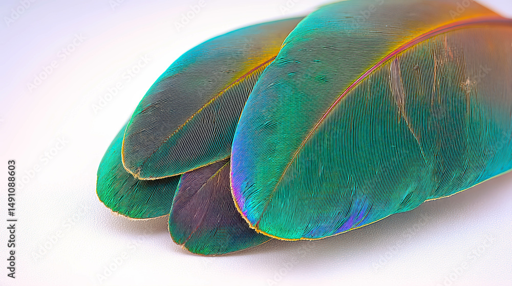 Poster iridescent hummingbird feathers on a white surface create a stunning natural texture