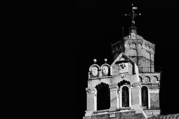 Religious architectur in Venice. Two different styles of ancient belfries (Black and White with copy space)