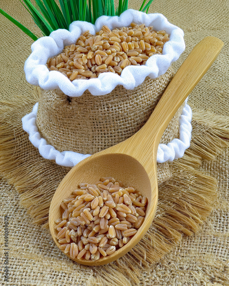 Poster whole wheat grains being scooped from a burlap sack with a wooden spoon on a rustic table