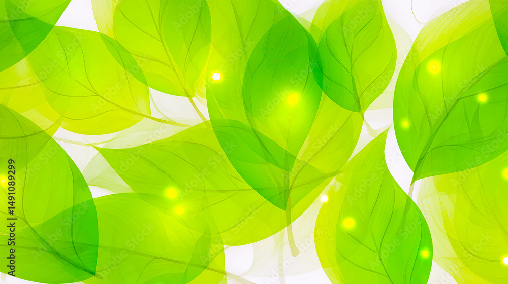 Poster a design features a pattern of lush green leaves spread evenly on a pure white background