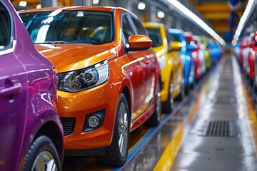 Colorful automobiles in a production facility.