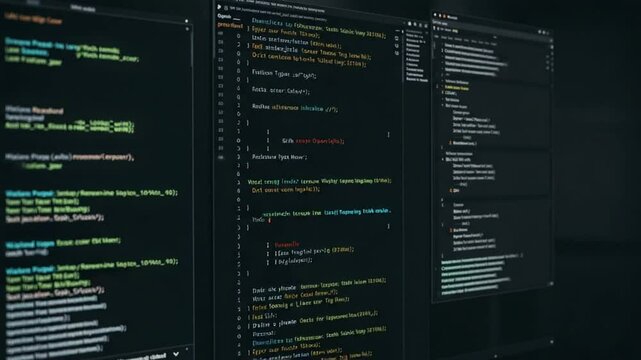 Coding Displayed on Multiple Computer Screens Dark Theme