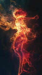 Fototapeta premium Ethereal figure formed of vibrant swirling flame and glowing embers against darkness