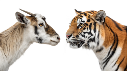 Goat and tiger face off isolated on a white background