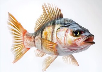 A colorful fish with a streamlined body, detailed scales, spiky dorsal fin, and red-tinted tail and pelvic fins, against a pure white background.