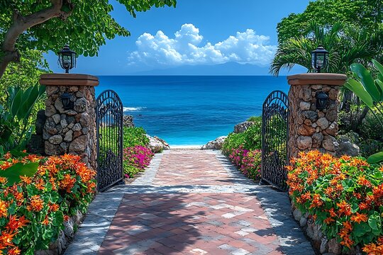 Brick walkway leading to tropical blue ocean high resolution picture