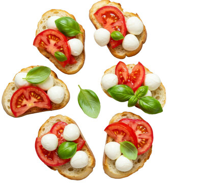 Classic Italian appetiser bruschetta, tomatoes and mozzarella, isolated on white background