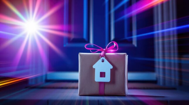 Gift package with house tag by front door on doorstep glowing in a festive and magical atmosphere - Powered by Adobe