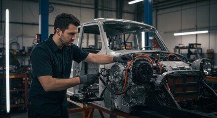 Mechanic inspects automotive engine in workshop assembling vehicle repairing component detail