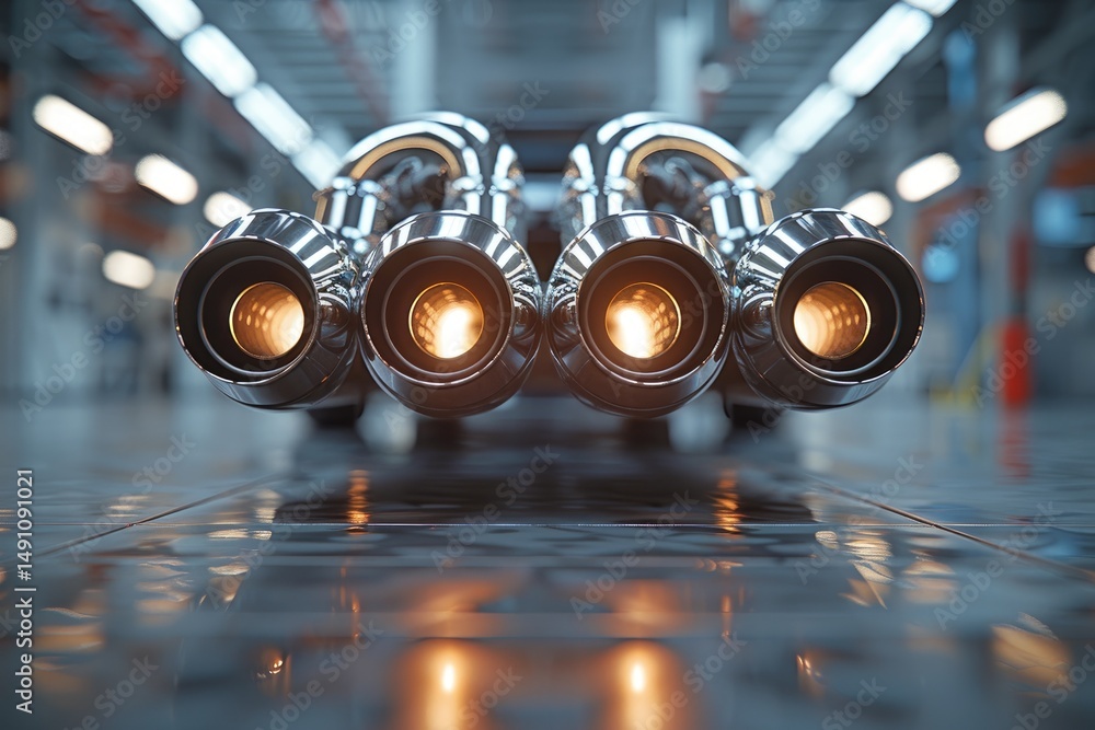 Poster futuristic vehicle engine cluster in a factory setting.