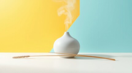 Aroma diffuser with light steam on a yellow and blue background next to two sticks of wheat grass.