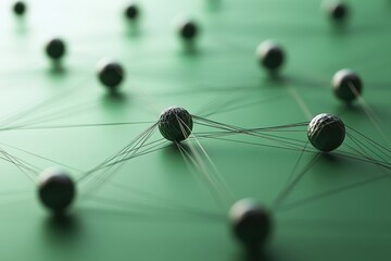 Network connections represented by spheres and lines on a vibrant green background in a digital format, network of connections on green background