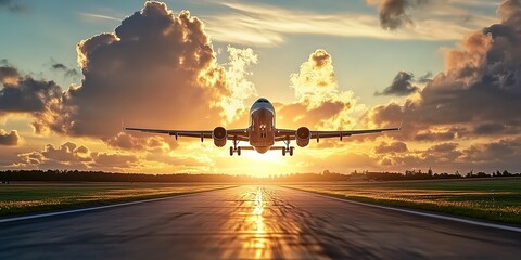 Obraz premium Airplane taking off from wet runway during vivid sunset with dramatic cloudscape.