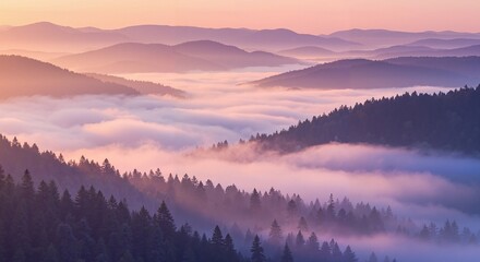 Fototapeta premium Pink and purple sunrise over forested hills and misty valleys