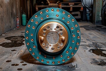 Teal colored wheel hub with copper accents on a wooden floor.