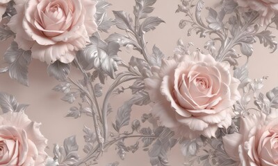 Subtle acanthus leaves & roses in soft blush pink & silver, delicate scrollwork, wallpaper, regal design, scrollwork