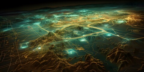 High-altitude view of a stylized city landscape, glowing network of pathways