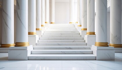 Obraz premium White Marble Staircase with Columns, and Interior.