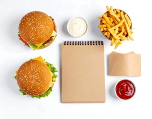 Burgers, fries, ketchup, mayo, and a notepad on a white background