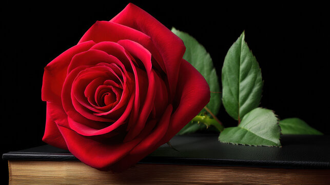 A vibrant red rose lies gracefully upon a weathered book with green leaves, creating a striking contrast against the dark background showcasing natural beauty.