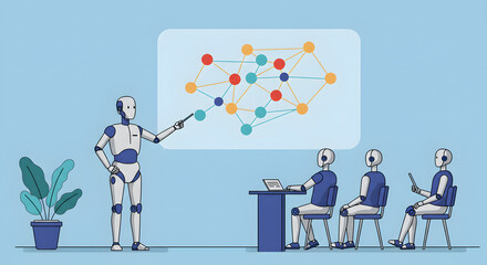 A robot presents a network diagram to three seated robots during a presentation.