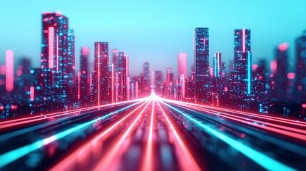 Obraz premium Neon futuristic city skyline with glowing light trails and skyscrapers. Cyberpunk technology and digital metropolis concept.