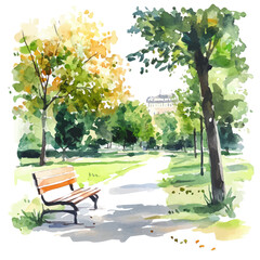 Lively Summer Day In A City Park, watercolor painting vector, high quality, isolated on a white background.