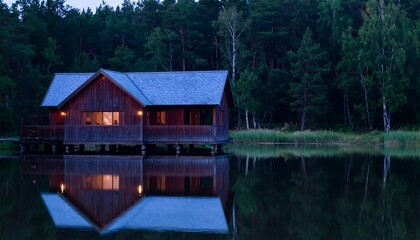 Fototapeta premium Cabin on stilts by lake at dusk, reflecting in water amid dark trees