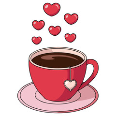 Romantic valentine teacup with heart shaped decorations isolated vector illustration on white background