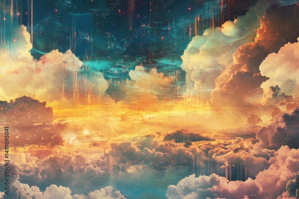 Poster digital clouds enhance data processing visualization in a vibrant sky, digital clouds over data proc