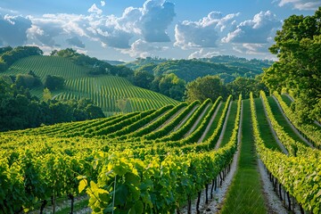 Naklejka premium A scenic vineyard with rows of vines climbing the hillside, lush green leaves rustling in the wind, and a vibrant blue sky above --ar 3:2 --stylize 250 