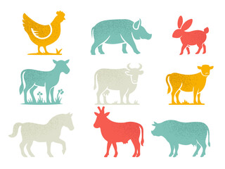 Colorful vector silhouettes of farm animals with textured grunge effect. Includes cow, pig, goat, sheep, chicken, rabbit, horse and bull. Rustic flat design in vintage country style. Isolated on white
