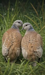 Fototapeta premium Intimate view of two European turtle doves amongst blades of grass, close up, eyes, plumage