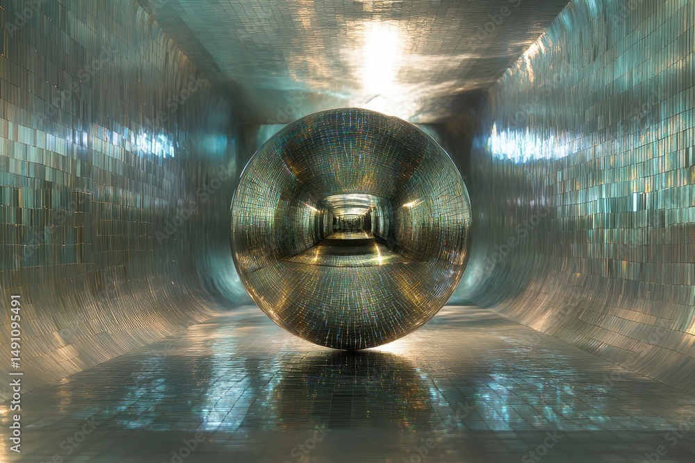 Poster Spherical object reflecting light in a mirrored tunnel creates a mesmerizing visual experience, Spheric Background 13
