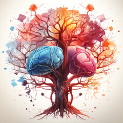 Image of tree roots trunk multicolored crown lobes of the brain symbolize mental health of a person balance equilibrium body emotions