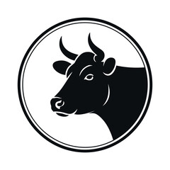 Black and White Cow Head Silhouette in a Circular Frame Graphic Design Element