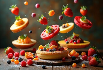 Obraz premium dynamic levitation food textured backdrop capturing motion flavor presentation, color, ingredient, recipe, culinary, arrangement, effect, appetizer