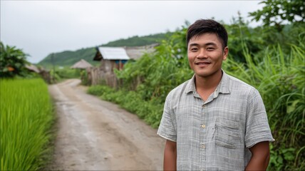 Southeast Asian Man Smiling in Rolled Up Pants and Short Sleeve Shirt in Rural Landscape