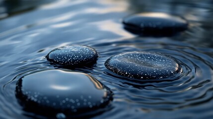 Three dark stones rest gently on rippling dark water.